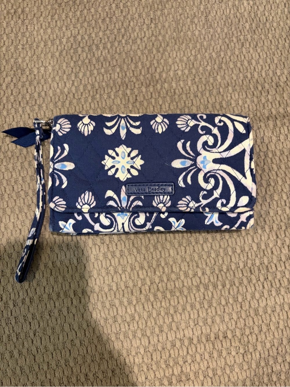 Vera Bradley Navy Floral Quilted Wristlet with White & Light Blue Accents